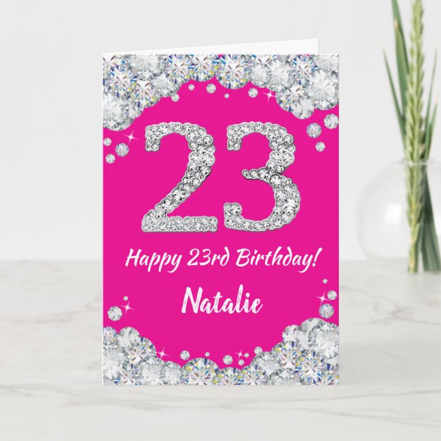 Happy 23rd Birthday Hot Pink and Silver Glitter Card (Front)