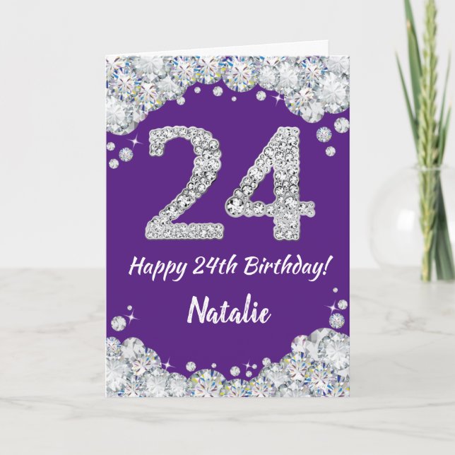 Happy 24th Birthday Purple and Silver Glitter Card (Front)