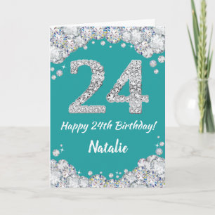 Happy 24th Birthday Teal and Silver Glitter Card