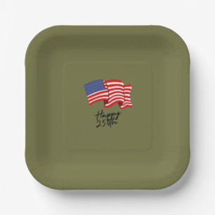 'Happy 250th' American Flag Black Script & Olive Paper Plate
