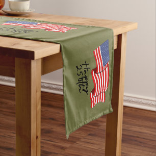 'Happy 250th' American Flag Black Script & Olive Short Table Runner