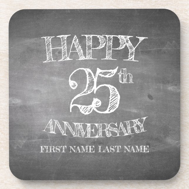 Happy 25th anniversary on chalk board coaster (Front)