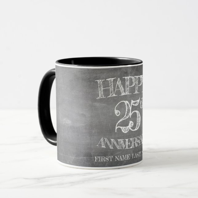 Happy 25th anniversary on chalk board mug (Front Left)