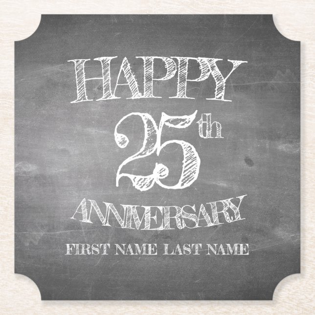 Happy 25th anniversary on chalk board paper coaster (Front)