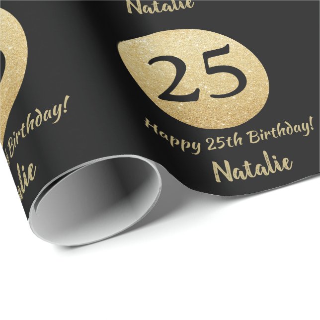 Happy 25th Birthday Black and Gold Glitter Wrapping Paper (Roll Corner)