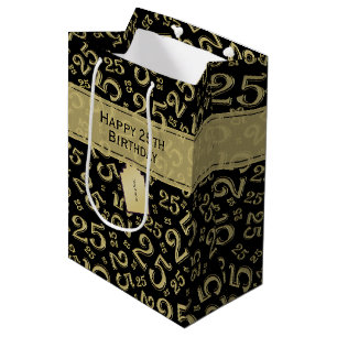 Happy 25th Birthday Black/Gold Number Pattern Medium Gift Bag