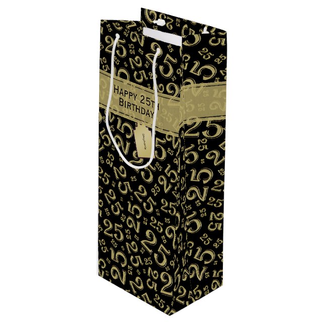 Happy 25th Birthday Black/Gold Number Pattern Wine Gift Bag (Front Angled)
