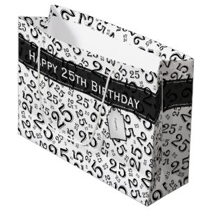 Happy 25th Birthday Black/White Number Pattern Large Gift Bag