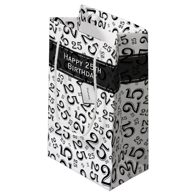  Happy 25th Birthday Black/White Number Pattern Small Gift Bag (Front Angled)