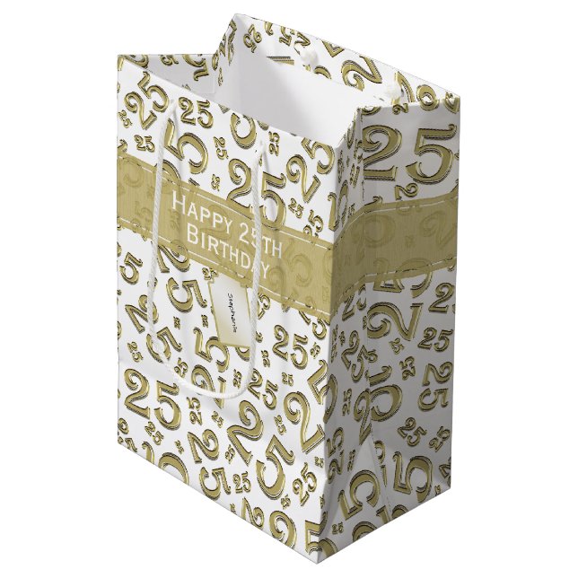  Happy 25th Birthday Gold Random Number Pattern Medium Gift Bag (Front Angled)