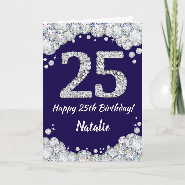 Happy 25th Birthday Navy Blue and Silver Glitter Card (Front)