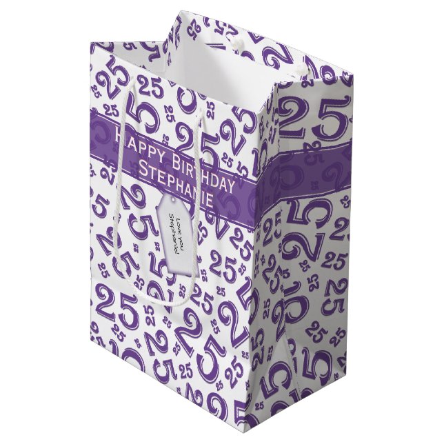 Happy 25th Birthday Random Number Pattern Purple Medium Gift Bag (Front Angled)