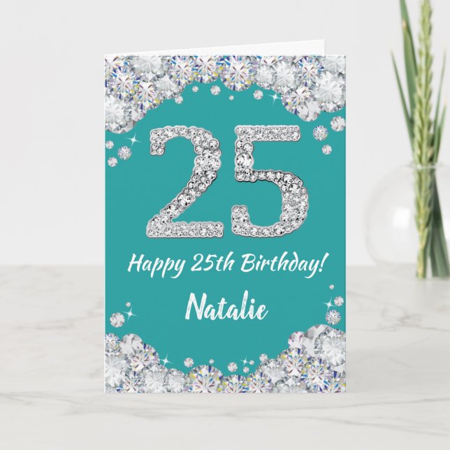 Happy 25th Birthday Teal and Silver Glitter Card (Front)