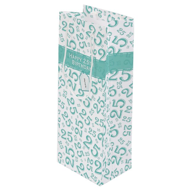  Happy 25th Birthday Teal Random Number Pattern Wine Gift Bag (Front Angled)