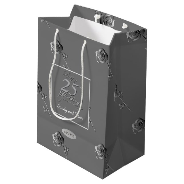 "Happy 25th Wedding Anniversary" 3D Roses on Grey Medium Gift Bag (Back Angled)