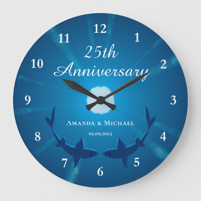 Happy 25th Wedding Anniversary Couple Sharks Moon Large Clock (Front)