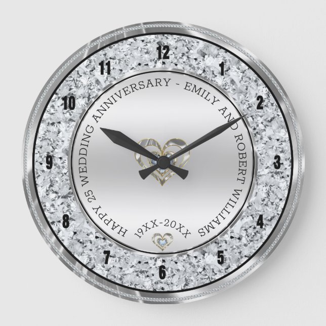 Happy 25th wedding universally diamonds and silver large clock (Front)