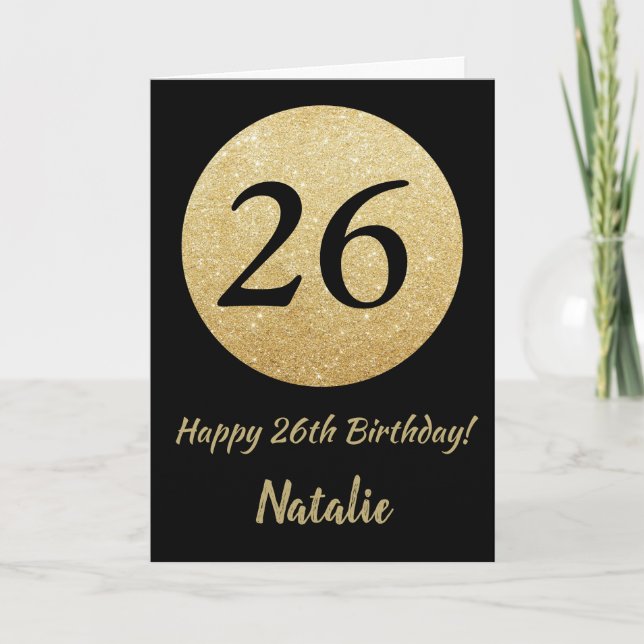 Happy 26th Birthday Black and Gold Glitter Card (Front)