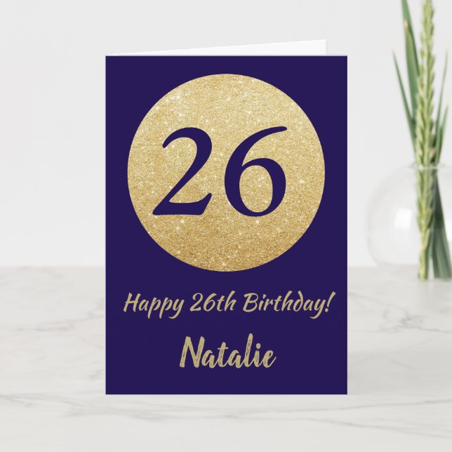 Happy 26th Birthday Navy Blue and Gold Glitter Card (Front)