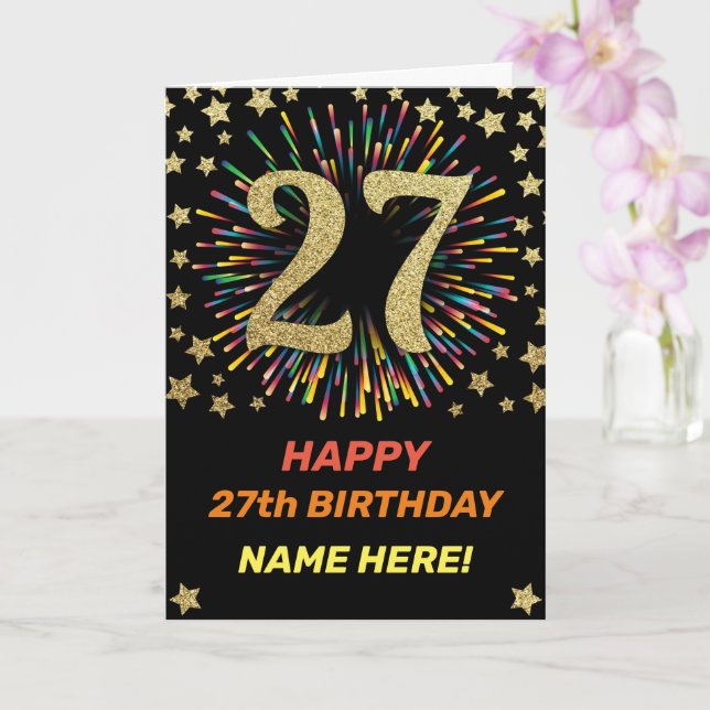Happy 27th Birthday Black & Gold Rainbow Firework Card (Orchid)