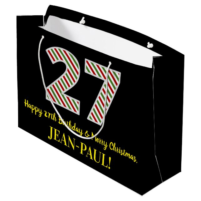 Happy 27th Birthday & Merry Christmas, Custom Name Large Gift Bag (Back Angled)