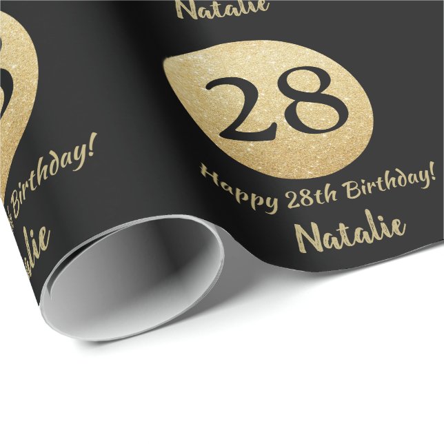 Happy 28th Birthday Black and Gold Glitter Wrapping Paper (Roll Corner)
