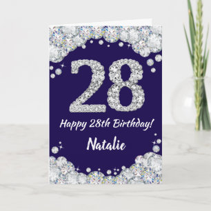Happy 28th Birthday Navy Blue and Silver Glitter Card