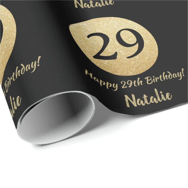 Happy 29th Birthday Black and Gold Glitter Wrapping Paper (Roll Corner)
