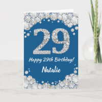 Happy 29th Birthday Blue and Silver Glitter Card