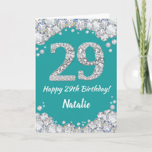 Happy 29th Birthday Teal and Silver Glitter Card