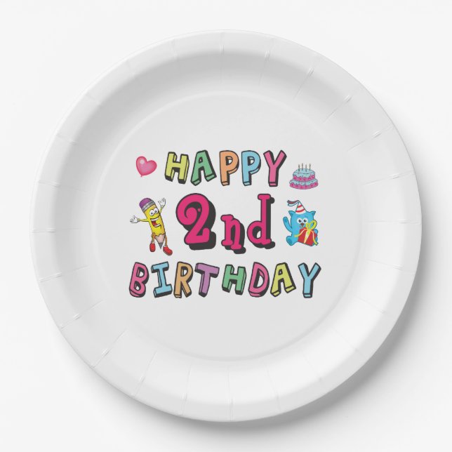 Happy 2nd Birthday. 2 year b-day. Paper Plate (Front)