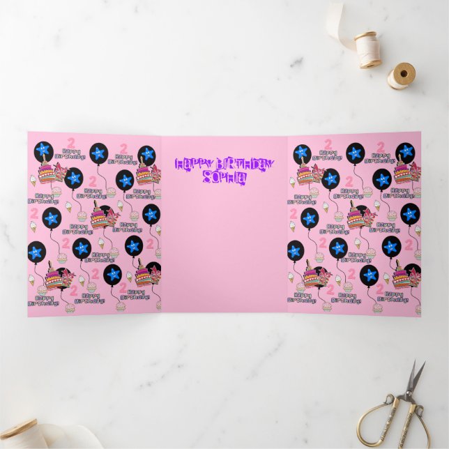 Happy 2nd Birthday Card, #2 Birthday Pink Tri-Fold Card (Inside)