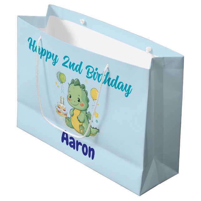 Happy 2nd Birthday, Cute Dragon, Personalized  Large Gift Bag (Front Angled)