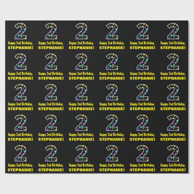 Happy 2nd Birthday, Fun Colourful Stars Pattern 2 Wrapping Paper (Flat)