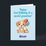 Happy 2nd Birthday Grandson, Puppy,  Personalized  Card<br><div class="desc">Two already! Happy 2nd Birthday card for grandson with a happy puppy, a cake with 2 candles and balloons design. 2nd Birthday card from Grandma and Grandpa. Fully customizable message inside, personalize and change as you wish. Instant download possible. Happy second birthday to a cute little, special grandson! Texted and...</div>