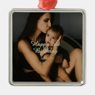 Happy 2nd birthday kids baby mother yellow gray na metal ornament