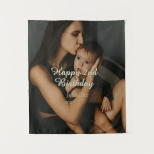 Happy 2nd birthday kids baby mother yellow gray na tapestry