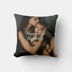Happy 2nd birthday kids baby mother yellow gray na throw pillow