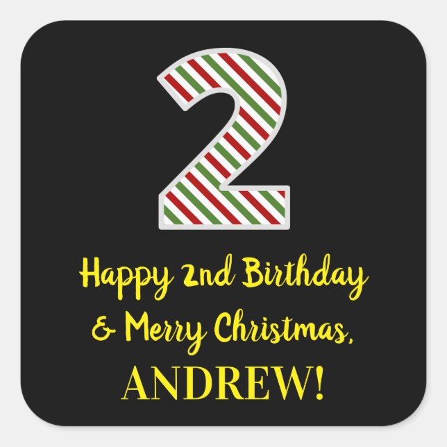 Happy 2nd Birthday & Merry Christmas, Custom Name Square Sticker (Front)