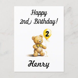 Happy 2nd Birthday, Personalized Teddy Bear Card,  Postcard