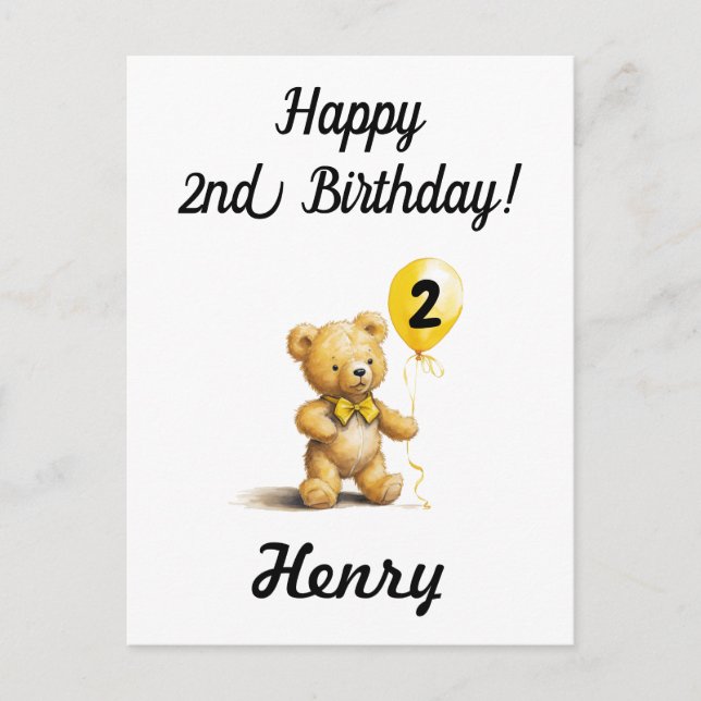 Happy 2nd Birthday, Personalized Teddy Bear Card,  Postcard (Front)