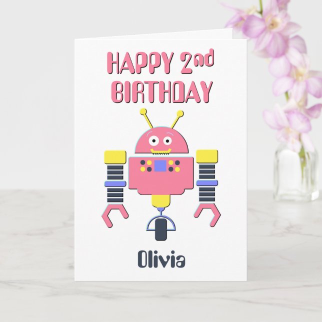 Happy 2nd Birthday Pink Robot Card (Orchid)