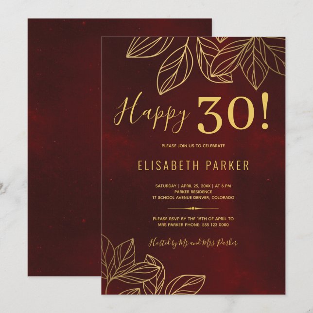 Happy 30 elegant gold and red 30th birthday party invitation (Front/Back)