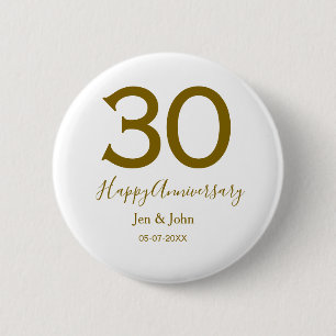 Happy 30th anniversary name date golden bold lette 2 inch round button