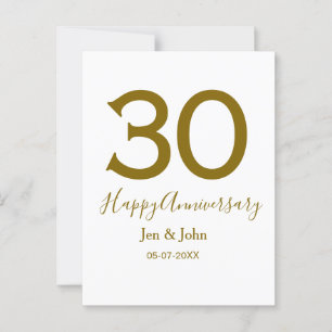 Happy 30th anniversary name date golden bold lette postcard