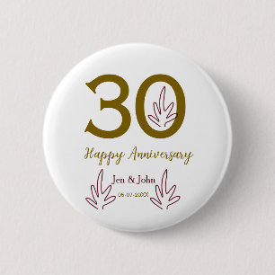 Happy 30th anniversary name date golden red leaf 2 inch round button