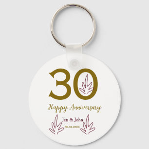 Happy 30th anniversary name date golden red leaf keychain
