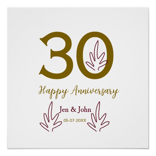 Happy 30th anniversary name date golden red leaf poster (Front)