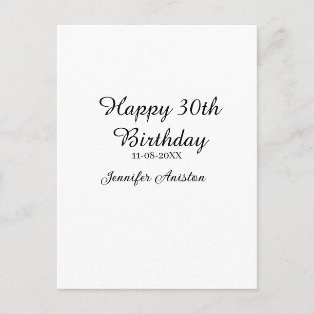 Happy 30th birthday add name date stylish simple  postcard (Front)