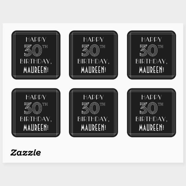 HAPPY 30TH BIRTHDAY; Art Deco Style; Custom Name Square Sticker (Sheet)